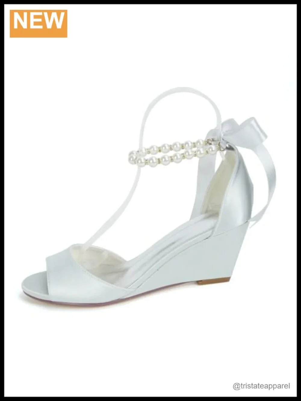 Pearl Satin Wedge Sandal Peep Toe Ankle Strap Low Heel Bridal Prom